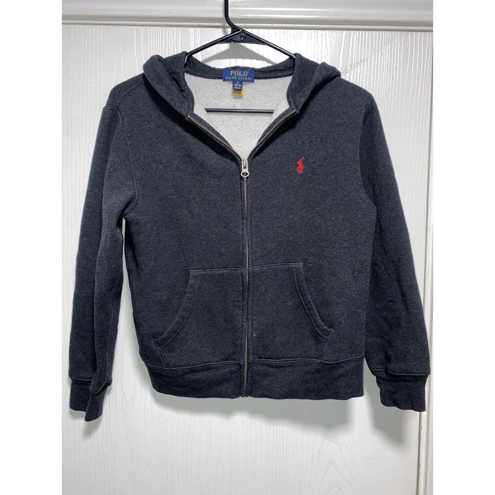 RALPH LAUREN POLO Jacket Full Zip Boys Sz Med 10 12 Hooded Gray Green Pony - Picture 1 of 4